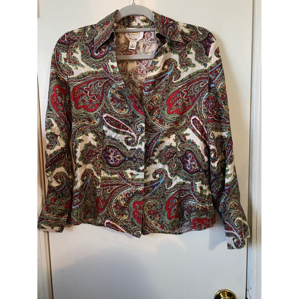 Talbots Petites Pure Silk Paisley Print Button Down Blouse Red Green Size 8P